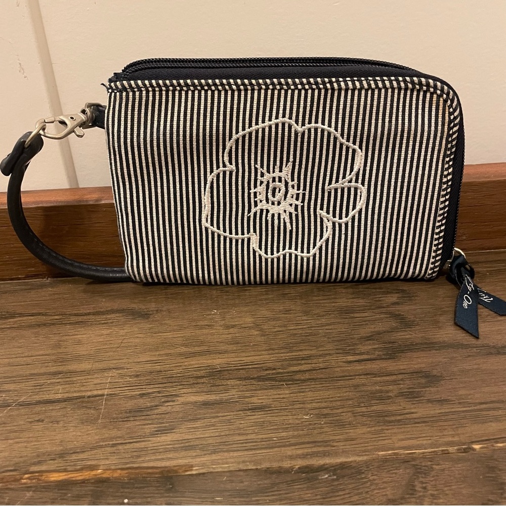 Thirty One Navy Striped Zipper Wristlet w/White Embroidered Flower